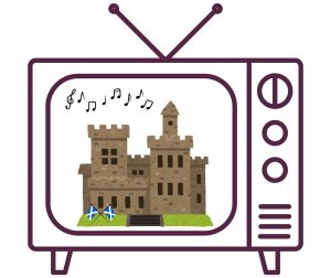 Traitors blog graphic tv with castle in it Scottish flags and musical notes